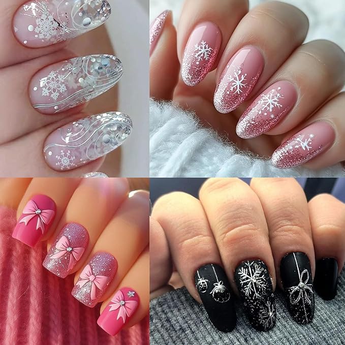 6Sheets Christmas Nail Art Stickers Snowflake Christmas Tree Nail Decals with Colorful Snowflake Pink Xmas Tree Snowball Firework Bow Nail Design DIY Christmas Nail Supplies Nail Decor for Women Girls