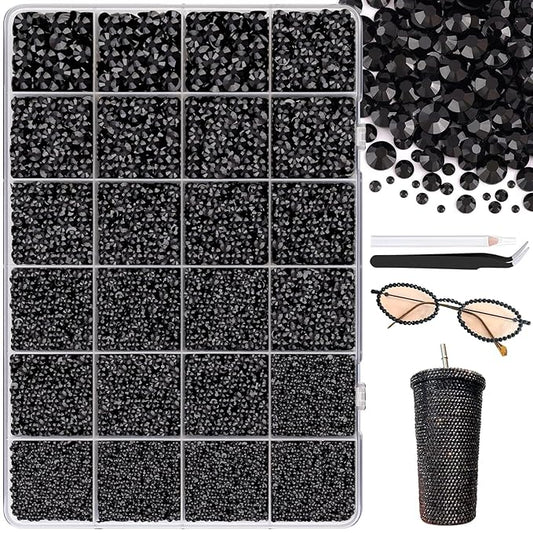25000Pcs Resin Jelly Rhinestones with Tweezers for Crafting, 2-6mm Mixed Sizes (Black) Non Hotfix Flatback Gems, Bedazzling Crystal for DIY Crafts Clothing Tumblers Mugs Shoes Decor Nail Art