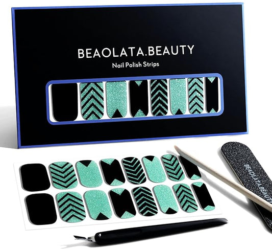 Nail Polish Strips, 32PCS Salon Quality Wraps, Long Lasting Gel Nail Stickers for Women Easy Apply& Remove (Geometry Green Glitter)
