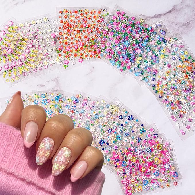 30 Sheets Flower Nail Art Stickers Decals Colorful Flower Nail Stickers 3D Self Adhesive Cute Daisy Floral Nail Decals Heart Nail Supplies Nail Art Design Decoration Accessories for Women DIY Manicure
