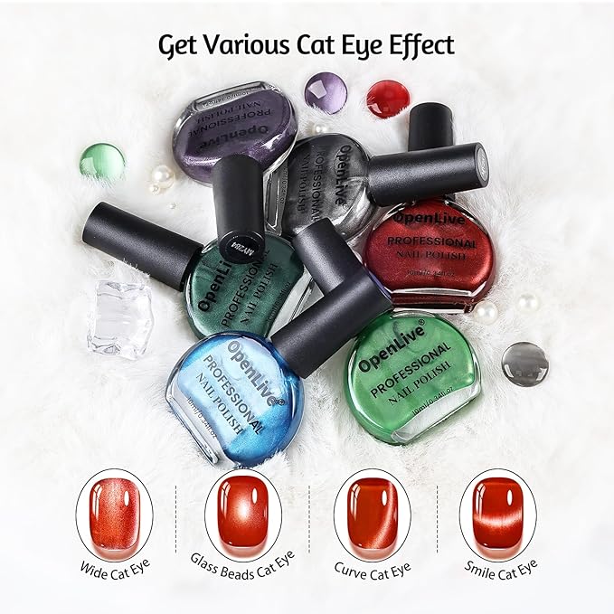 6 Colors 10ml Luminous Cat Eye Nail Polish with Magnet Stick Quick Dry Nail Polish for Nail Art DIY Home Manicure Gift for Women