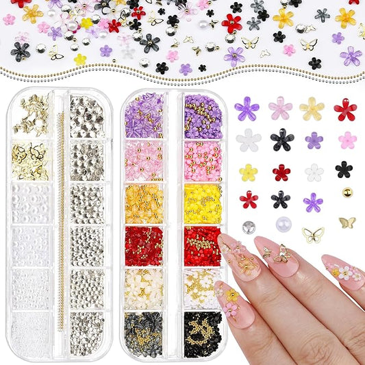 2 Boxes Colorful Flower Nail Charms and Gems, Pink/White/Purple Nail Flower Charms Metal Butterfly Clear Rhinestones Gemstones Silver Caviar Beads White Flatback Pearls with Nail Chain (4-S2-Mixed1)
