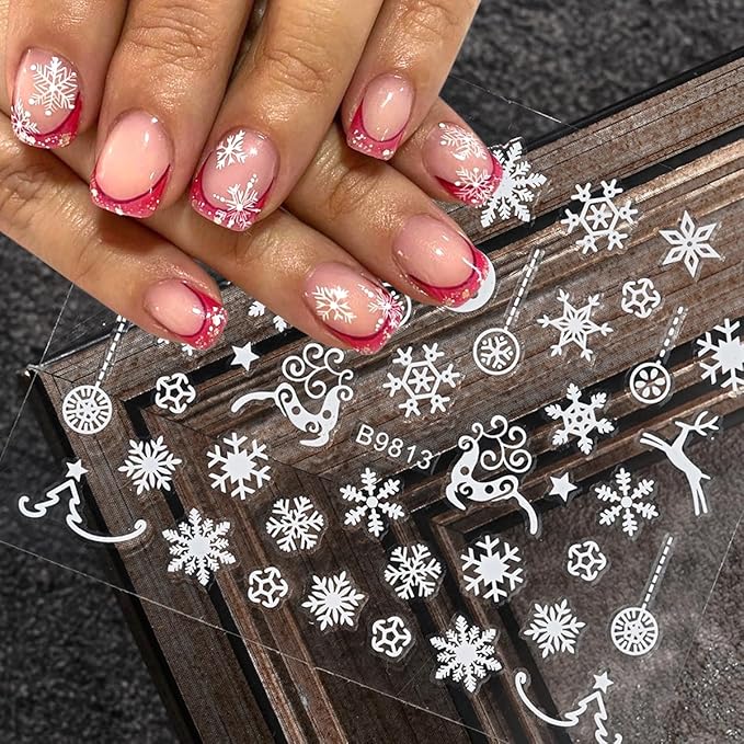 30Sheets Christmas Snowflakes Nail Art Stickers Decals for Kit with White Snowflake Glitter Design 3D Self Adhesive Nail Art Supplies Sticker Winter Xmas Nail Art Decoration Snow Manicure for New Year