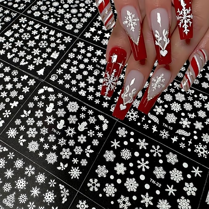30 Sheets Christmas Nail Art Stickers 3D Self-Adhesive White Snowflake Nail Decals Winter Xmas Elk Snowman Designs Nail Supplies Christmas Cute Nail Decoration for Women Manicure Accessories