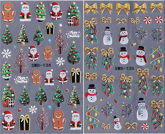 2Pcs Christmas Nail Stickers Christmas Tree Decals for Nail Art Bow Nail Design 5D Embossed Father Christmas Lamp Strip Nails Art Supplies Snowman Pine Tree Nails Accessories for Women DIY Decoration