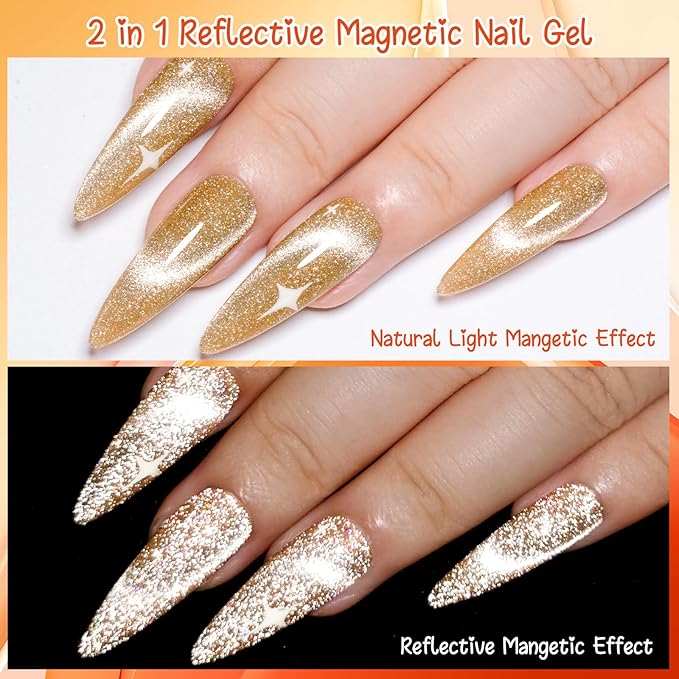 MEET ACROSS Amber Crystal Cat Eye Gel Nail Polish Reflective Glitter Magnetic Magnetic Cat Eye Gel Nail Polish Set Sparkly Red Coral Orange Brown Gift for Winter Christmas