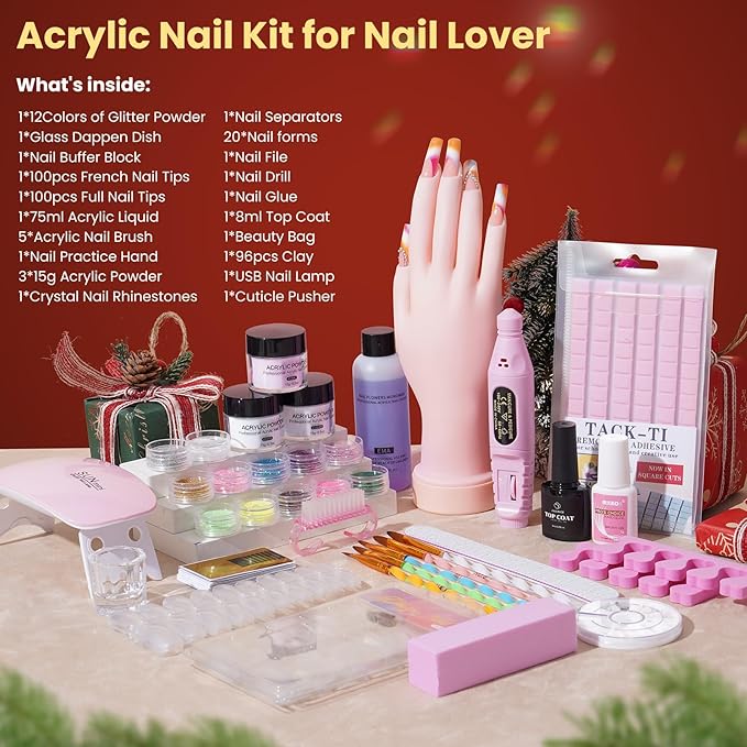 Nail Kit for Beginners with Everything: Practice Hand Acrylic Nail Set Professional Powder Drill Liquid Starter Kits with U V Lamp in Cosmetic Gift Bag for Women Salon Home (Sliver)
