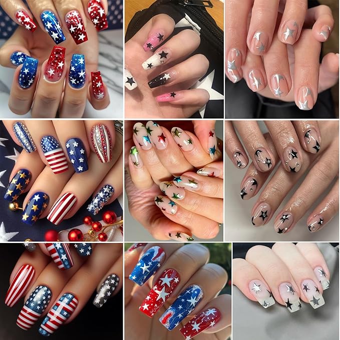 6 Sheets Mini Star Nail Art Stickers for Acrylic Nails 3D Self-Adhesive Sparkling Colorful Stars Nail Art Decals with Small Five-Pointed Star Design Nail Sticker for Women DIY Manicure Decor Supplies