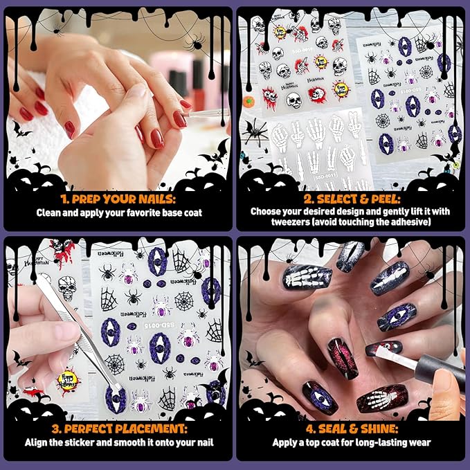 MUIIIGOOD 3 Sheet Halloween Nail Art Stickers Gradient Pumpkin, Horror Skull Ghost Mask Eyes Nail Decals, 3D Self-Adhesive Spider-Web Bat Design for DIY Nail Supplies Decoration Manicure Accessories