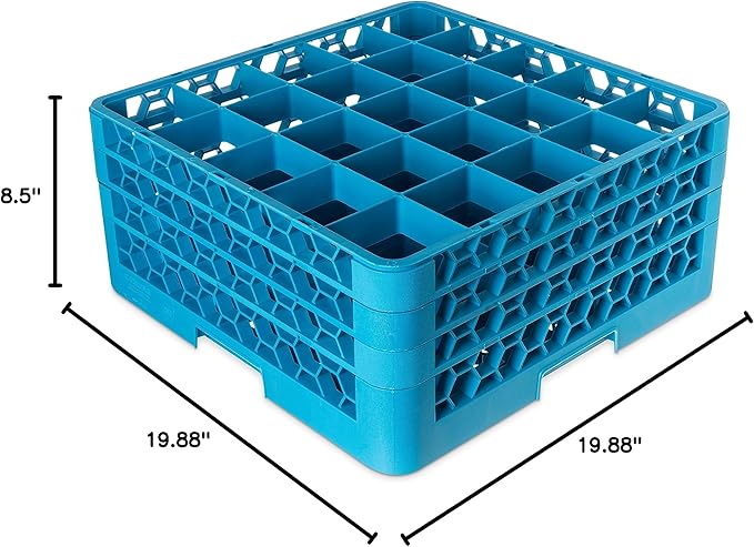 Carlisle FoodService Products Opticlean 25-Compartment Divided Glass Rack with 3 Extenders, Plastic, 19.875 x 19.875 x 8.5 Inches, Carlisle Blue