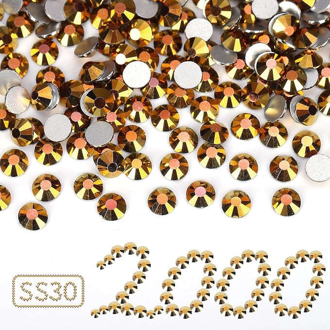2000PCS Gold Rhinestones Bulk, Flat Back Crystal Glass Stone Round Gems,SS30, 6.4-6.6mm