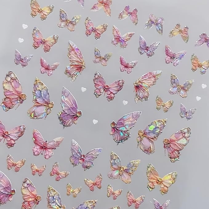 2 Sheets Butterfly Nail Art Stickers 5D Embossed Self-Adhesive Pink Aurora Sparkling Butterfly Nail Decals Designs for Women Girls DIY Nail Decoration