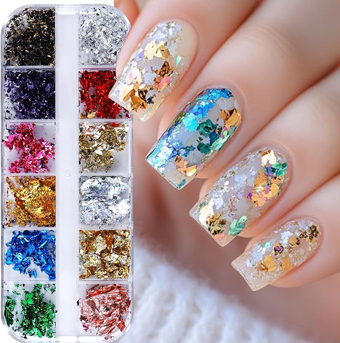 12 Colors Nail Art Sequins Holographic Gold Foil Nails Glitter Mermaid Design Acrylic Art for Women Girls DIY Nail Decoration