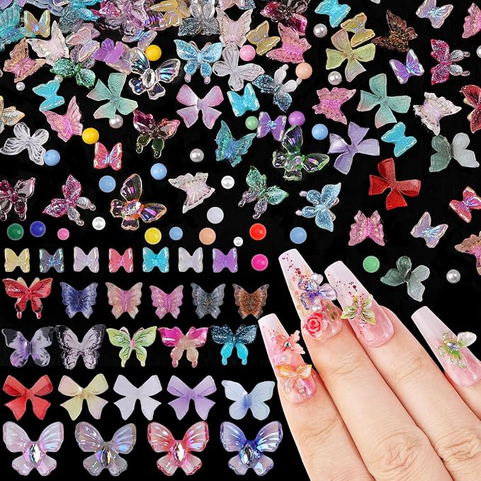 300Pcs Assorted Butterfly Nail Charms Kit, 100Pcs 3D Nail Butterfly Charms and 100Pcs Pearls with 100Pcs Macaron Beads, Colorful Butterflies Tiny Gems Round Beads for Women Manicure Craft DIY