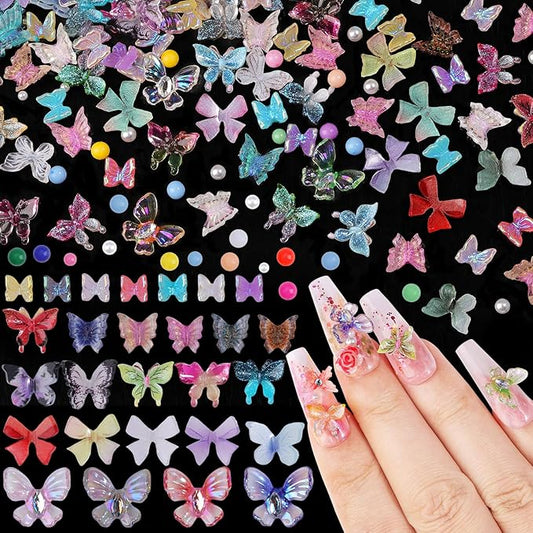 300Pcs Assorted Butterfly Nail Charms Kit, 100Pcs 3D Nail Butterfly Charms and 100Pcs Pearls with 100Pcs Macaron Beads, Colorful Butterflies Tiny Gems Round Beads for Women Manicure Craft DIY