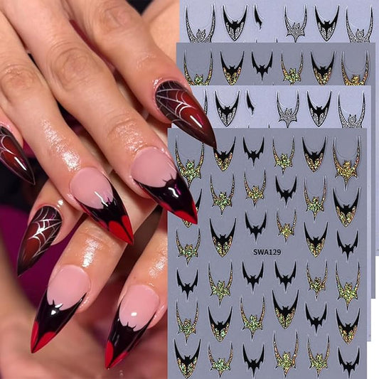 Bat Nail Stickers Halloween Glitter Nail Decals 4PCS 3D Self-Adhesive Silver Golden Bat Design Holiday Accessories Slider Halloween Nail Art Supplies for Women Nail Decorations Charms French Manicure