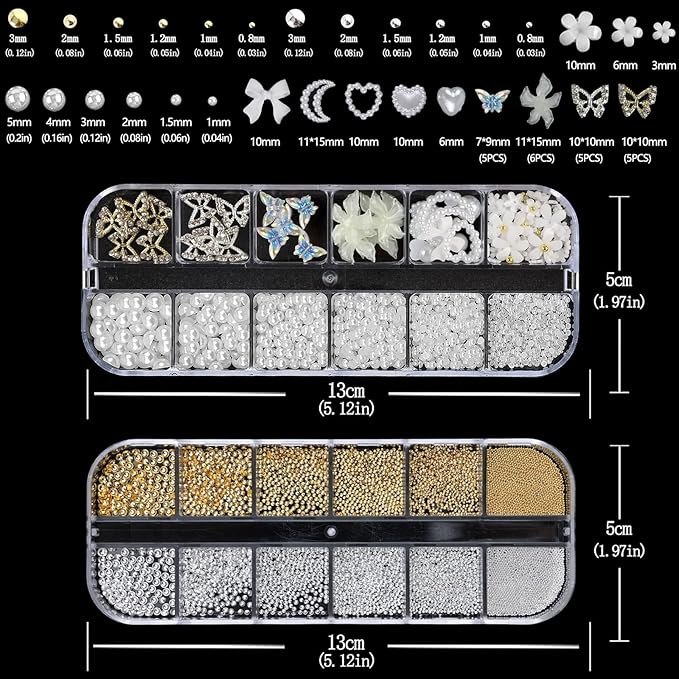 Nail Art Charms with Rhinestones Glue Gel White Flatback Pearls Flower Butterfly Nail Gems Supplies Accessories Gold Silver Nails Decoration Pearls for Women Nails Design