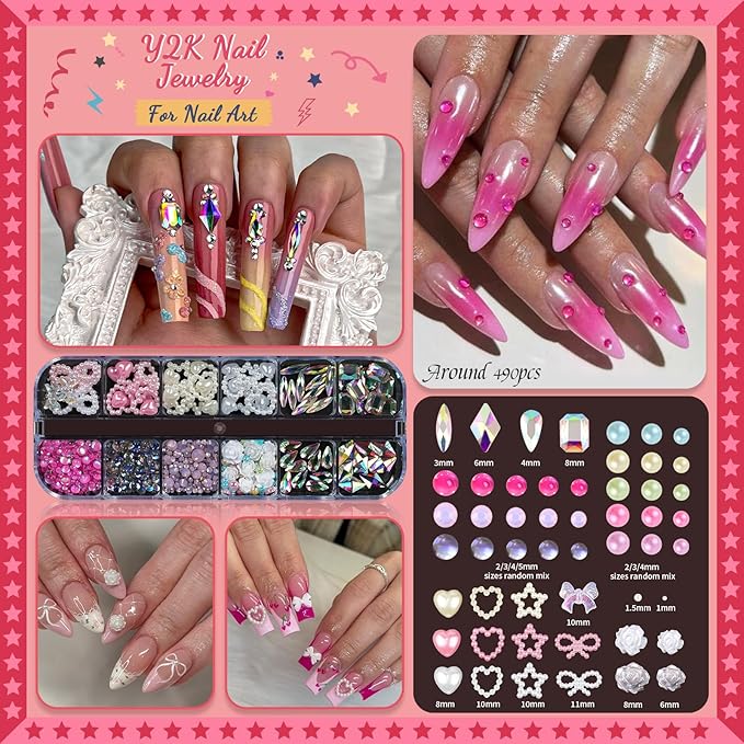 Rhinestones, AB Crystal Nail Gems Pink Opal Nail Rhinestones with Aurora Bubble Beads Pearls Star Heart Bows Nail Charms and Rhinestone Picker Tools for Kwaii Y2K Nail Art Decor - 3 Boxes