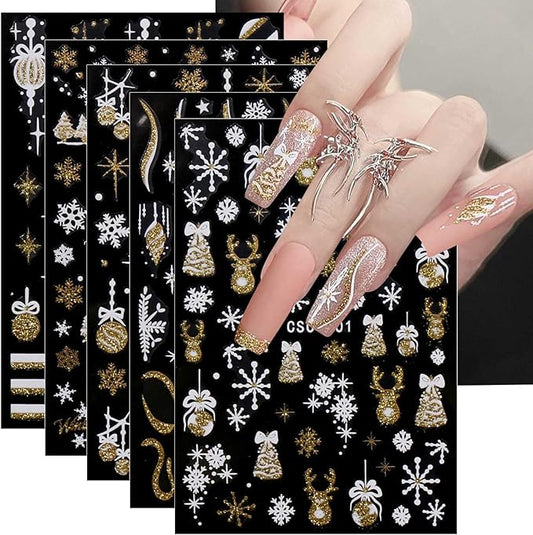 JMEOWIO 8 Sheets Christmas Glitter Nail Art Stickers Decals Self-Adhesive Snowflake Winter Holiday Cute Nail Supplies Nail Art Design Decoration Accessories
