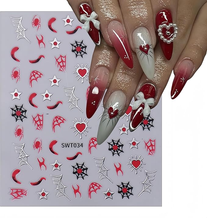 8 Sheets Halloween Nail Art Stickers 3D Self-Adhesive Halloween Nail Decals Golden Silver Black Red Horror Web Face Nail Art Supplies Glitter Spider Web Nail for Women Girls DIY Manicure Decoration