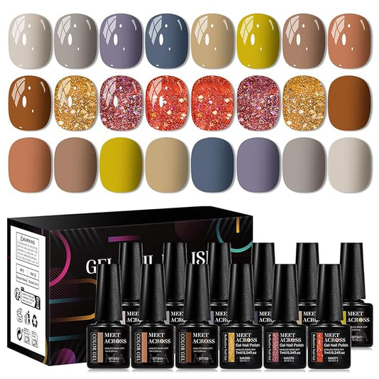 MEET ACROSS 12PCS Gel Nail Polish Set, 12 Colors Gel Nail Kit Art Design Soak Off UV LED,Nail Art Design Gifts for Women (Fall-2, 12PCS)