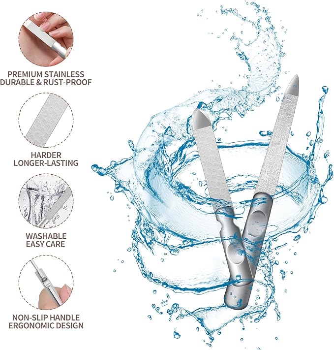 Metal Nail File (3 Pcs), Nail Files for Natural Nails & Toenails, Thick Nails Made of Stainless Steel, Double Sided Metal Nail Files with Anti-Slip Handle for Fingernail Toenail, Home or Salon Use