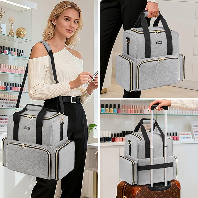 Nail Polish Organizer Holds 80 Bottles and a Lamp,Nail Polish Carrying Case with 2 Removable Bags,Nail Organizers and Storage for Nail Tech,Portable Nail Polish Holder for Nail Supplies,Grey