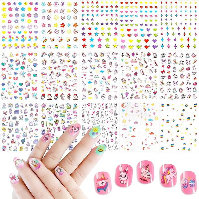 Allstarry Nail Stickers for Kids, 15 Sheets Kids Nail Stickers for Girls Self-Adhesive Nail Decals Cute Animal Rainbow Flower Heart Star Unicorn Sticker Birthday Christmas Gift