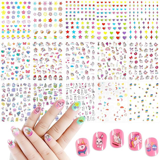 Allstarry Nail Stickers for Kids, 15 Sheets Kids Nail Stickers for Girls Self-Adhesive Nail Decals Cute Animal Rainbow Flower Heart Star Unicorn Sticker Birthday Christmas Gift