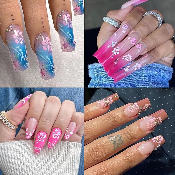 Flower Nail Stickers 5D Embossed Hollow Out Flower Nail Decals Pink Purple White Floral Designs Summer Cute Flowers Decals Pegatinas Uñas for Women DIY Manicure Decoration Accessories 3Sheets