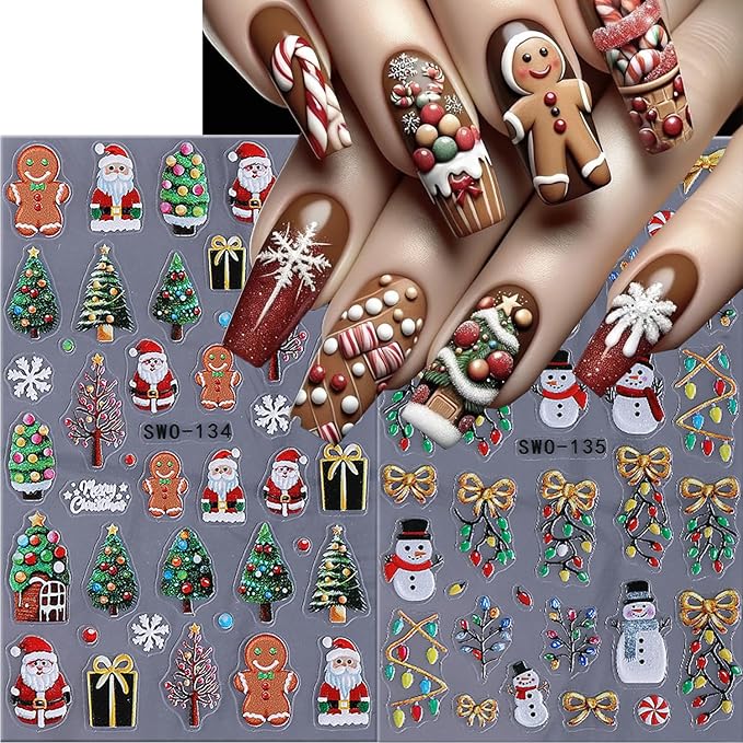 2Pcs Christmas Nail Stickers Christmas Tree Decals for Nail Art Bow Nail Design 5D Embossed Father Christmas Lamp Strip Nails Art Supplies Snowman Pine Tree Nails Accessories for Women DIY Decoration