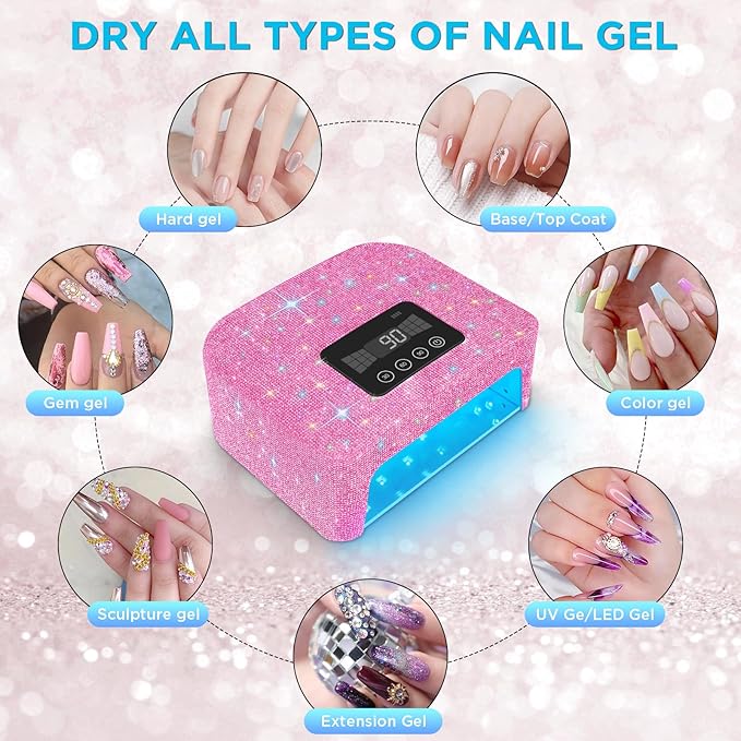 Aedavey Cordless UV Nail Lamp, Rechargeable UV Light for Gel Nails, LED Nail Lamp with 4 Timer Modes, Gel Nail UV Light Decorate with Sparkling Nail Rhinestones
