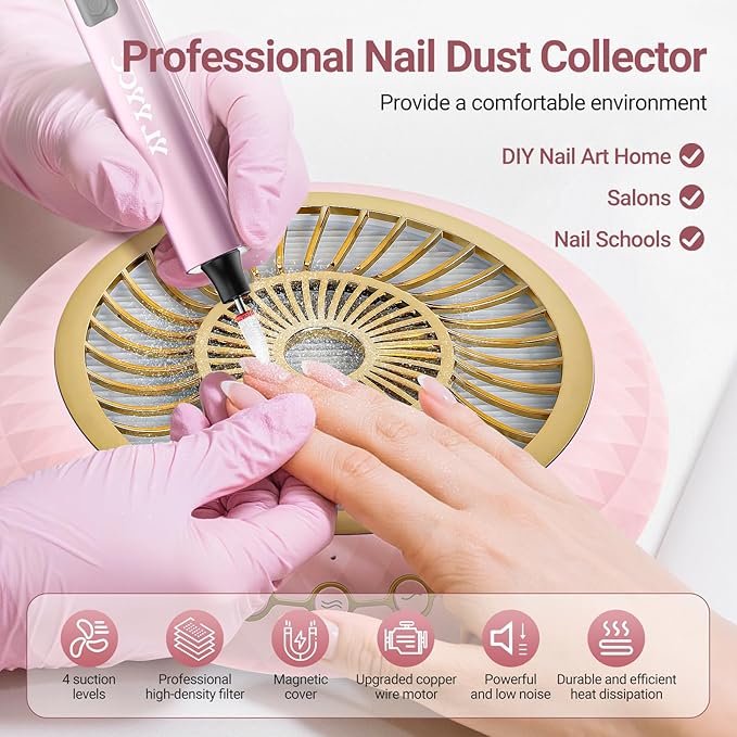 Nail Dust Collector 5000RPM Quiet Vacuum Fan with Dustwith Reusable Filter for Home & Salon Manicure - Beginners & Pros