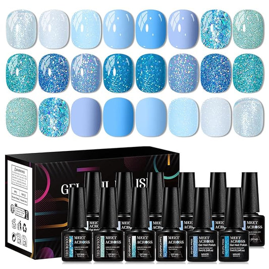 MEET ACROSS 12PCS Gel Nail Polish Set, 12 Colors Gel Nail Kit Art Design Soak Off UV LED,Nail Art Design Gifts for Women (Blue, 12PCS)