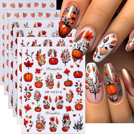 Fall Maple Leaves Nail Art Stickers for Thanksgiving, Fall Pumpkin Nail Decals 3D Self-Adhesive with Maple Leaves Design 6Pcs Fall Glitter Nail Art Supplies for Women Nail Decoration
