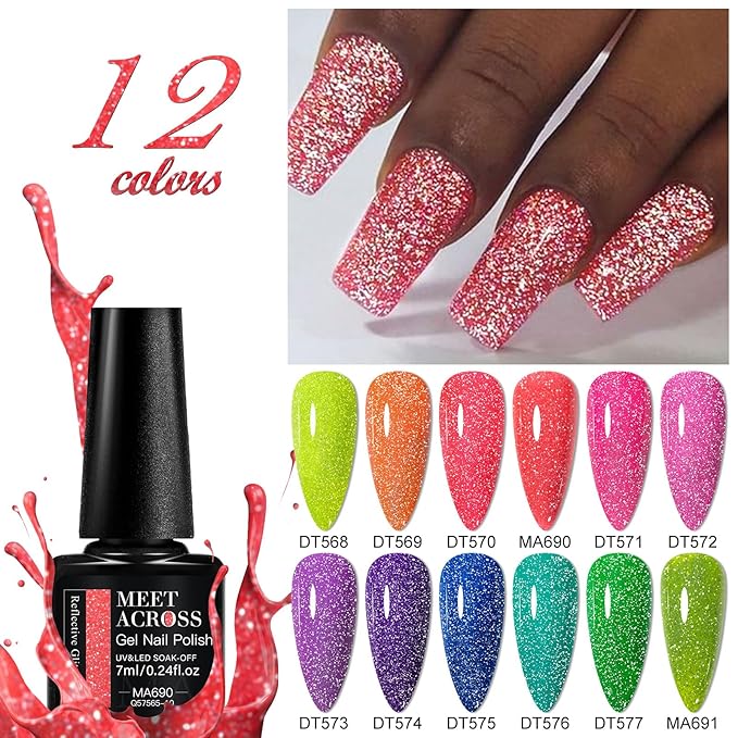 MEET ACROSS 12PCS Gel Nail Polish Set, 12 Colors Gel Nail Kit Art Design Soak Off UV LED,Nail Art Design Gifts for Women (SET-10, 12PCS)