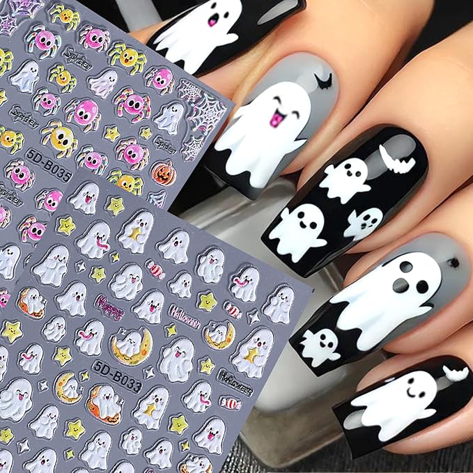 2 Sheets Halloween Nail Art Stickers 5D Embossed Cute Ghost Nail Decals Self-Adhesive Pink Yellow Spider Nail Sticker Star Pumpkin Spider Web Nail Decal for Women DIY Nail Design Supplies