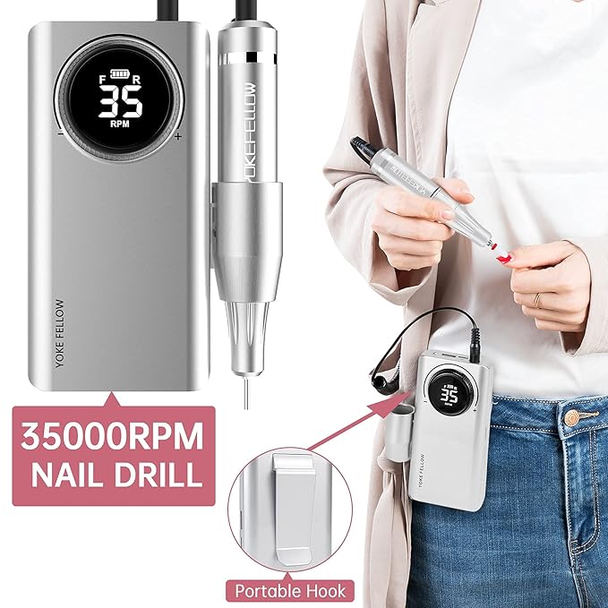 YOKE FELLOW Portable Nail Drill - 35000RPM Professional Nail Drill with HD LCD Display Electric Nail File Drills for Acrylic Nail Tools for Manicure Pedicure