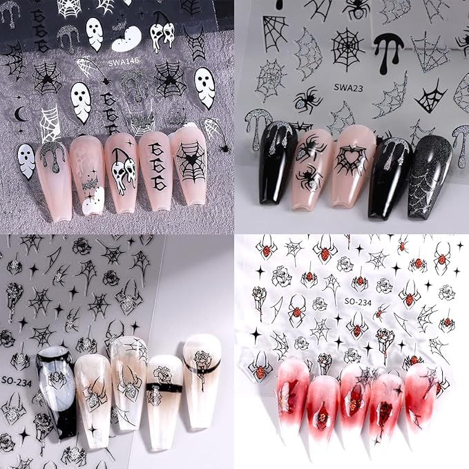 4 Sheets Halloween Nail Art Stickers Decals 3D Self-Adhesive Ghost Skull Cherry Nail Decals Holographic Glitter Design Bat Water Drop Spider Web Nail Stickers Holiday Nail Decorations for Women