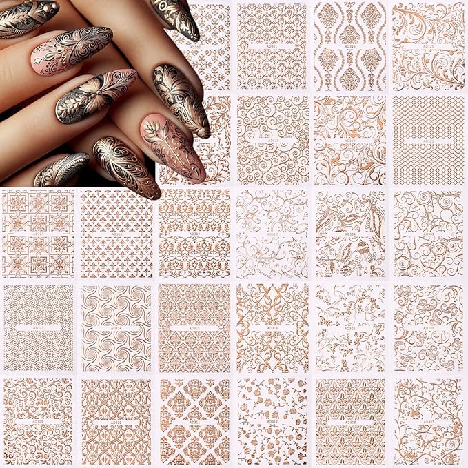 26 Sheets Rose Gold Nail Stickers Set, 3D Self Adhesive Nail Decals with Metal Geometric Stripe Wave & Lace Flower Floral Vine Patterns for DIY Manicure Decorations