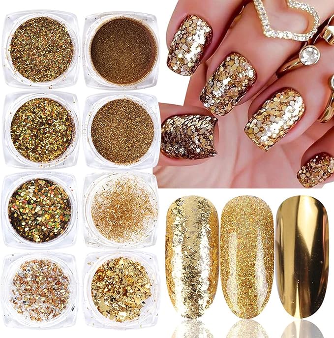 Holographic Gold Glitters Nail Art Sequins 3D Flakes Decoration for Women Girls Manicure Tips DIY Acrylic Nails Supplies Shining Design Accessories (8 Boxes)