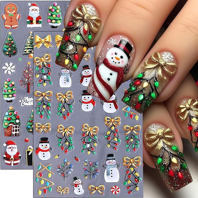 5Pcs Christmas Nail Stickers 5D Christmas Tree Snow Man Nail Decals DIY Self Adhesive Bow Light Cute Snowman Nail Design 3D Nail Decoration Supplies Holiday Manicure Accessories for Women Girls