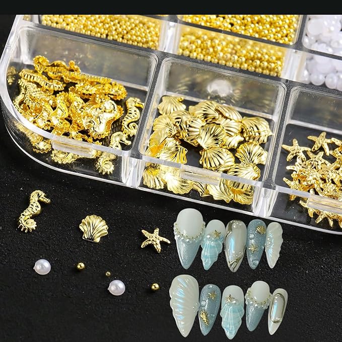 2 Boxes Summer Shell Nail Art Charms 3D Metal Mixed Shapes Gold Shell Seahorse Starfish Conch Alloy Nail Rivets with Flatback Pearls Nail Charms Summer Ocean Theme DIY Crafts Manicure Decoration
