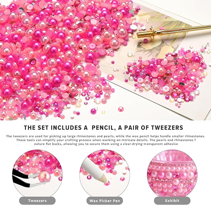 80g Mix Flatback Pearls and Rhinestones for Crafts Pink Mixed Size 2mm-10mm Half Round Pearls Rhinestones for Nail Art Tumblers Shoes DIY Bedazzling with Tweezers Wax Pen