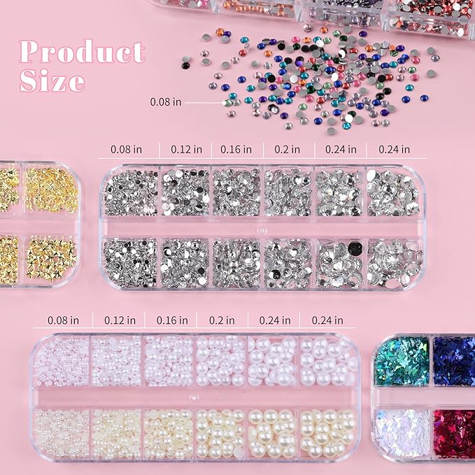 10 Boxes Nail Art Kit - 12 Colors Pointed/Flatback Rhinestones, 3D Gold/Silver/Rose Nail Studs, White Beige Half Pearls, Holographic Glitter & Foils + 3 Tools for DIY Nail Art Jewels & Crafts