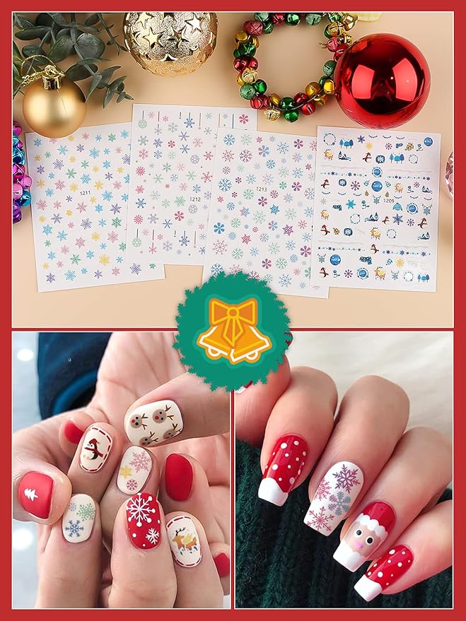 1000+ Patterns Christmas Nail Art Stickers Snowflake 3D Self-Adhesive Nail Decals, Kalolary Snowflake Santa Claus Snowman Christmas Stick Elk for Christams Nail Decorations for Women Kids