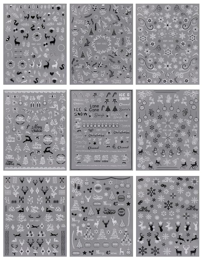 JMEOWIO 9 Sheets Christmas Glitter Nail Art Stickers Decals Self-Adhesive White Black Nail Supplies Nail Art Design Decoration Accessories