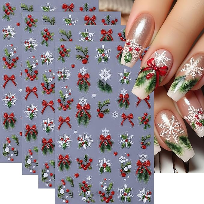 4 Sheets Green Christmas Nail Art Stickers 5D Micro Relief Holly Leaf Bow Nail Decals Winter Xmas Red Bow Holly Nail Stickers White Snowflake Nail Supplies for Women Holiday New Year Charms Nail Decor