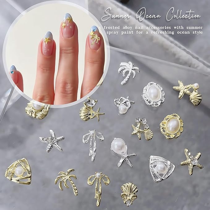 24Pcs Gold Starfish Seashell Charms for Nails Alloy Summer Beach Nail Rhinestones Ocean Theme Nail Art Jewelry Coconut Tree Starfish Pearl Nail Supplies for Nail Art Designs DIY Manicure Decoration