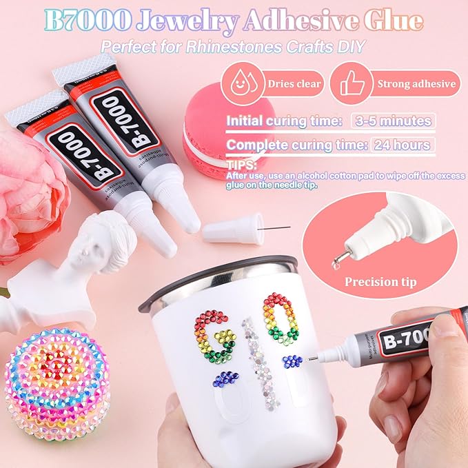 22000Pcs Resin Rhinestones for Bedazzling with 3Pcs B7000 Jewelry Glue, Multicolor 2/3/4mm Flatback Gems Rhinestones for Crafting, Clothing Tumblers Mugs Shoes Fabric Decor Nail Art